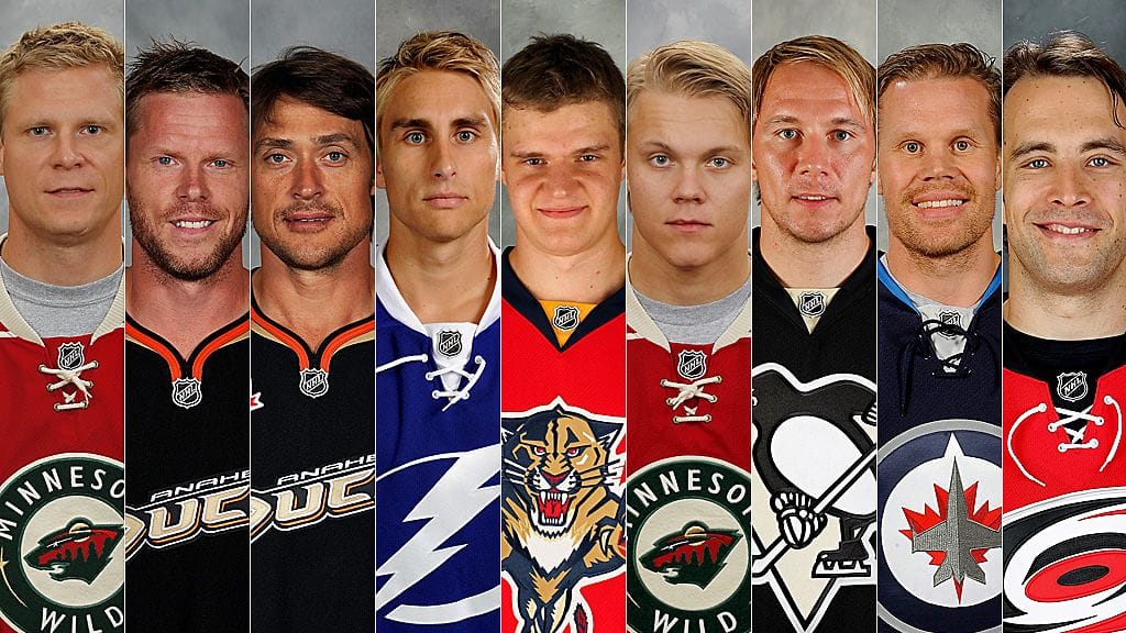 Mikko Koivu, Saku Koivu, Teemu Selänne, Valtteri Filppula, Aleksander Barkov, Mikael Granlund, Jussi Jokinen, Olli Jokinen ja Tuomo Ruutu.