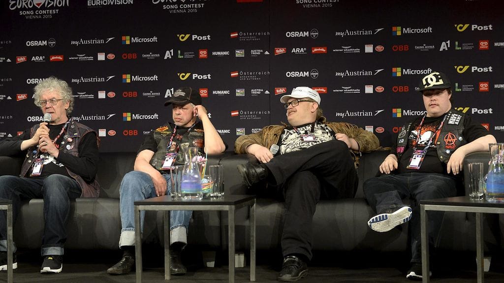 Pertti Kurikan Nimipäivät lehdistötilaisuudessa Wienissä 11.5.2015.