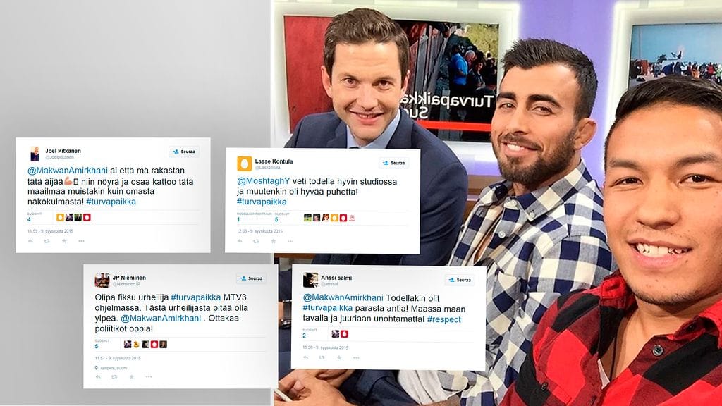 Jalkapalloilija Moshtagh Yaghoubi nappasi studiossa selfien vapaaottelija Makwan Amirkhanin sekä ohjelman juontajan Jaakko Loikkasen kanssa.