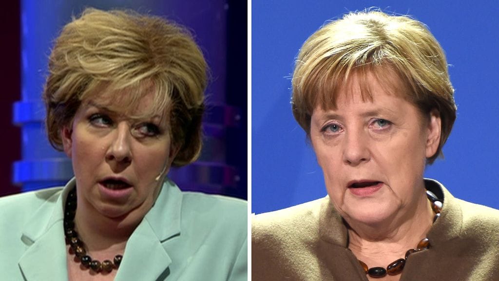 Näyttelijä Jenni Kokander muuntautui Putouksessa liittokansleri Angela Merkeliksi.