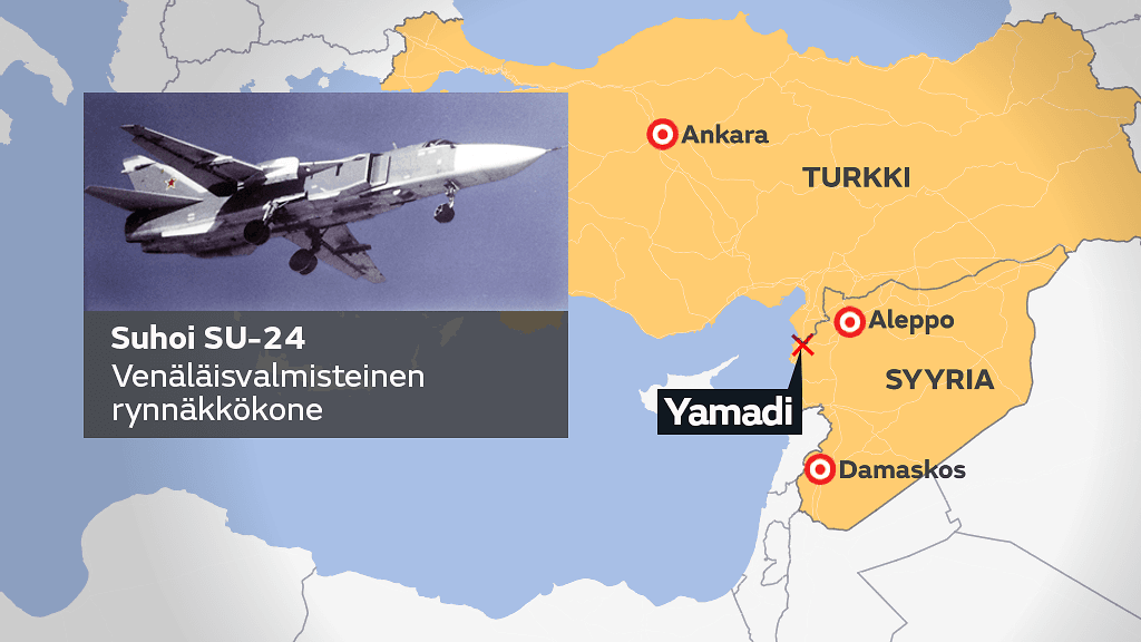 Turkki ampui alas venäläisen Suhoi SU-24 -koneen lähellä Syyrian ja Turkin rajaa.