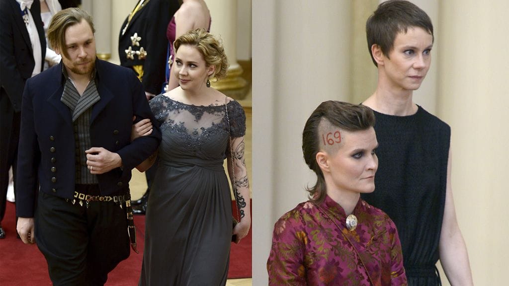 Vasemmassa kuvassa Varustelekan kauppias Valtteri Lindholm puolisoineen itsenäisyyspäivän vastaanotolla, oikeassa kuvassa kolttasaamelainen ohjaaja-käsikirjoittaja Pauliina Feodoroff ja puolisonsa Milja Sarkola (oik).