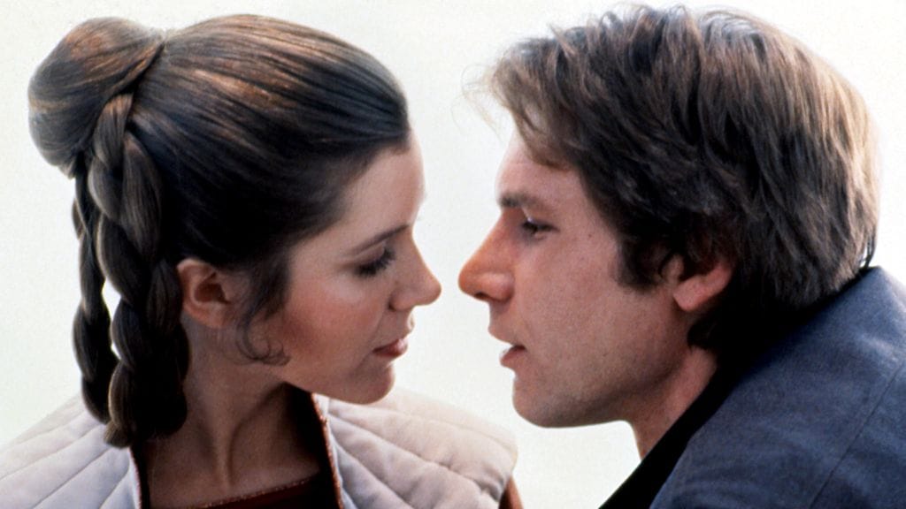 Carrie Fisher ja Harrison Ford vuonna 1980 Imperiumin vastaisku -elokuvassa.