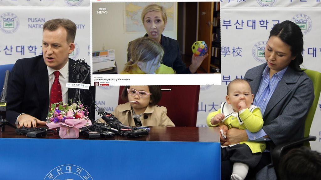 Professori Robert E. Kelly perheineen selitti hassuksi muuttunutta videopuhelinhaastattelua jopa lehdistötilaisuudessa. Kuvakaappaus YouTuben parodiavideosta.