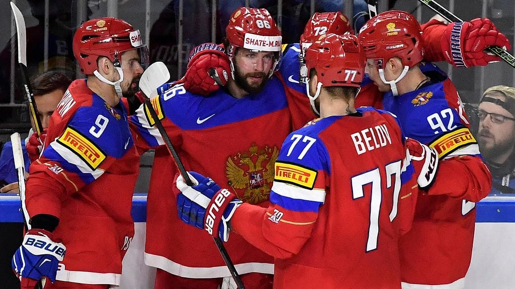 Venäläiskiekkoilijoita viime kevään MM-kisoissa.