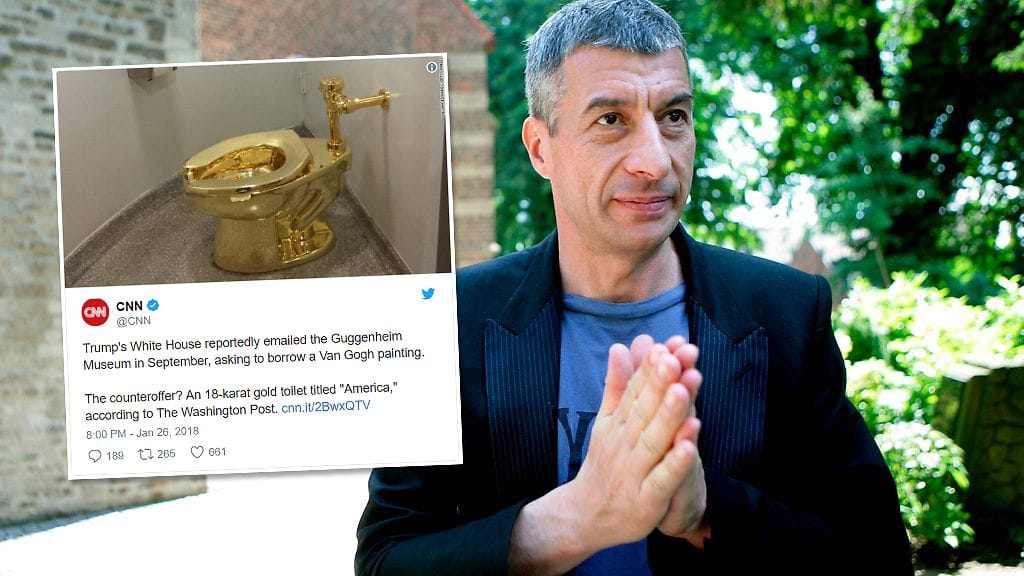 America-teos on italialainen taiteilijan Maurizio Cattelanin (kuvassa) käsialaa.