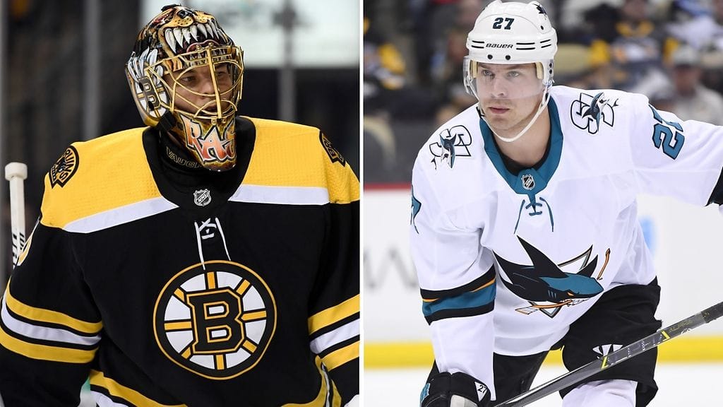 Boston Bruinsin Tuukka Rask (vasemmalla) ja San Jose Sharksin Joonas Donskoi (oikealla) tipahtivat jatkosta NHL:ssä viime yönä.