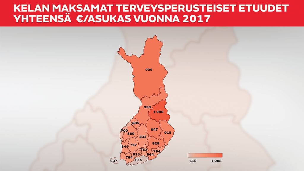 Kelan maksamat terveysperusteiset etuudet vuonna 2017. Suuremmat summat ovat käytännössä kaikki 700 vuotta vanhan Pähkinäsaaren rauhan rajan itäpuolella.