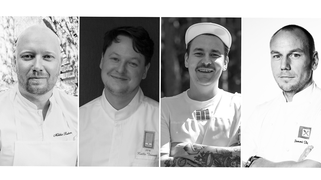 Bocuse d'Or kilpailijat 2019 Mikko Kaukonen (kuva Santeri Stenvall), Kalle Tanner (kuva Oscar Granqvist) Erik Mansikka (kuva Antti Leino) ja Tommi Tuominen (kuva Lili Ermezei)