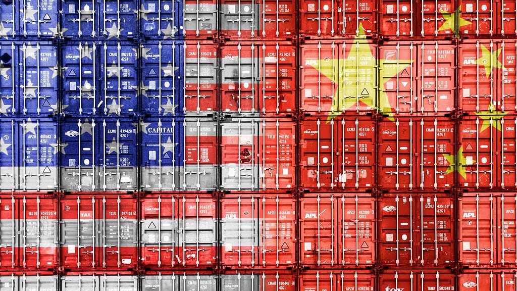 Kuvituskuva, jossa USA:n ja Kiinan liput somistavat kontteja.