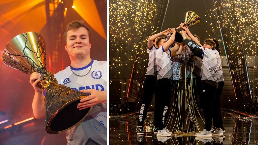 Santeri "BONECOLD" Sassin (vas.) edustama Acend juhlii Valorantin historian ensimmäistä maailmanmestaruutta.