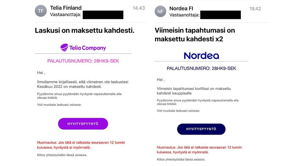 telia nordea huijaus hyvityspyyntö