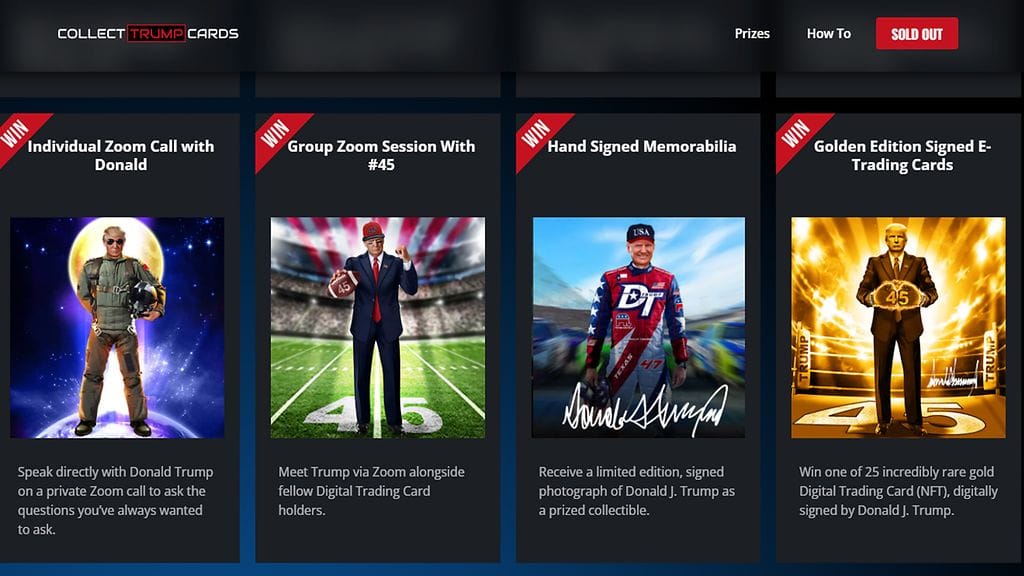 Trump esiintyy digitaalisissa keräilykorteissa erilaisissa asuissa ja ympäristöissä.