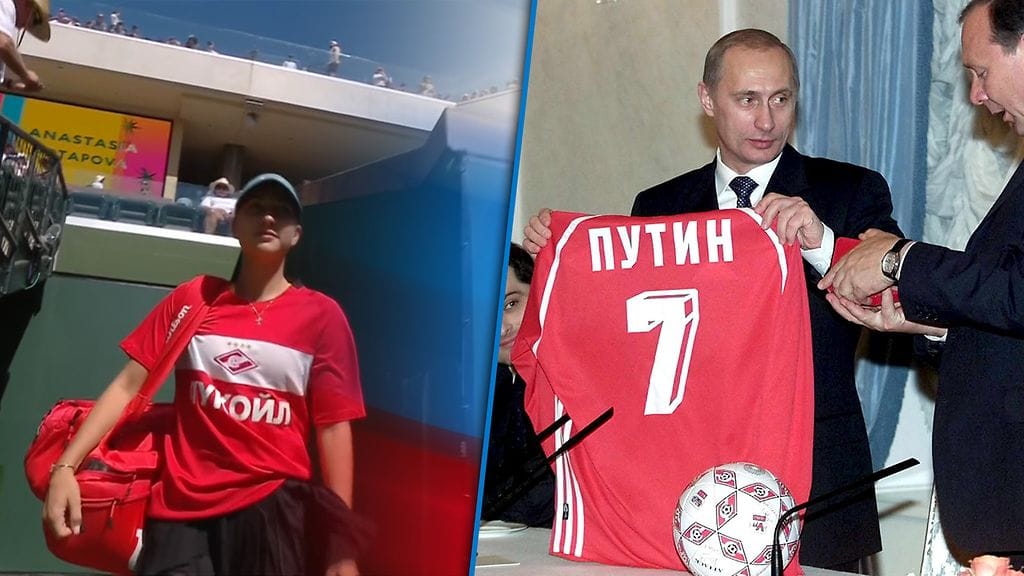 Anastasia Potapova kohautti asuvalinnallaan. Oikealla Spartakin pelipaitaa esittelee Vladimir Putin vuonna 2001.