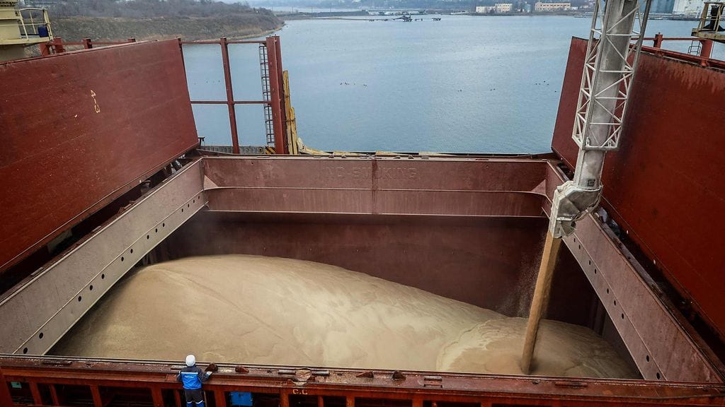 Tässä oli viimeinen viljalasti Odessasta ennen Mustanmeren viljasopimuksen umpeutumista. Kuva otettu 18.2.2023.