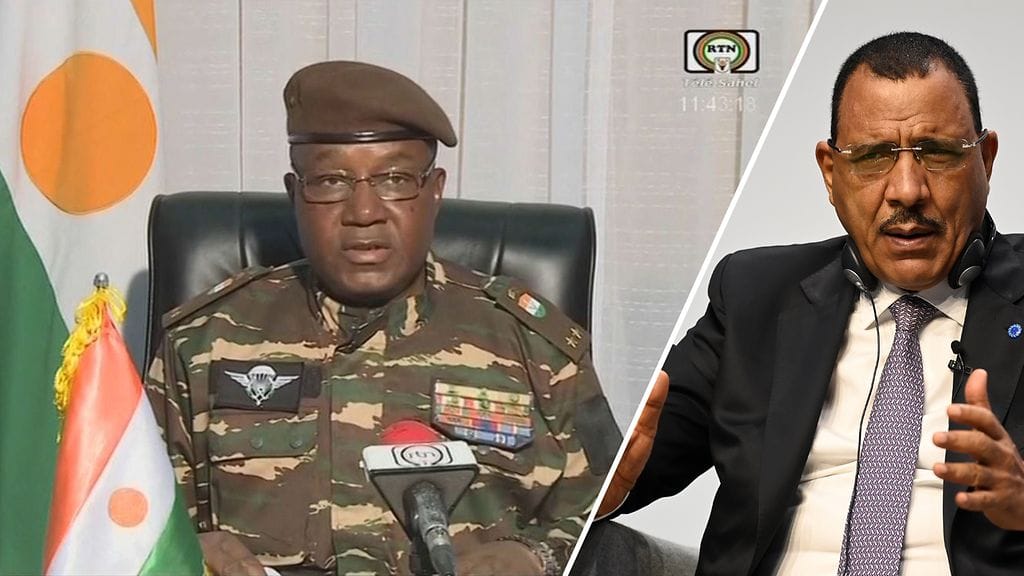 Kuvassa kenraali Abdourahamane Tchiani (vas.) ja Nigerin presidentti Mohamed Bazoum (oik.)