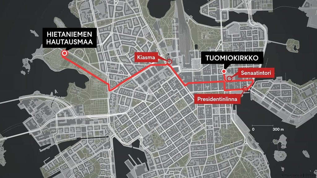 Näin presidentti Ahtisaaren hautajaissaattue etenee.