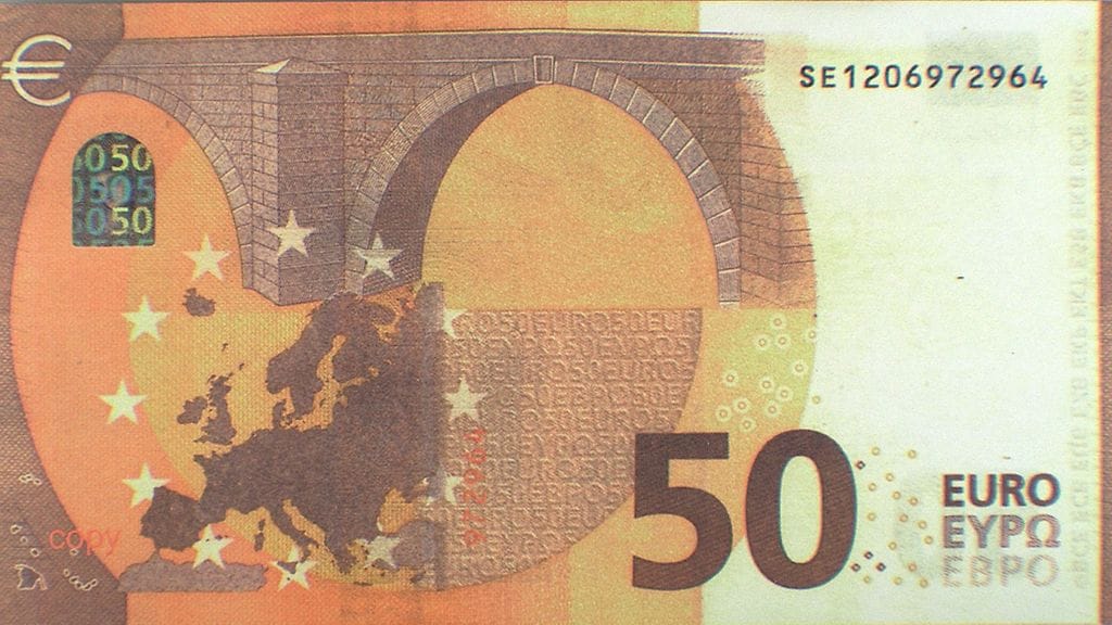 KRP:n julkaisema kuva väärennetystä setelistä.