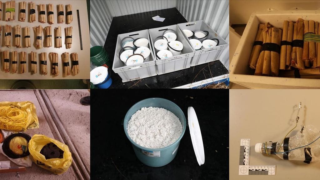 Poliisin kuvaa Kankaanpään ryhmittymän jäsenten hallusta löytyneistä räjähteistä.