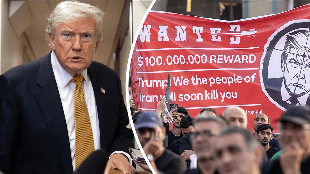 Kuvassa vasemmalla Donald Trump 8. heinäkuuta 2026. Oikealla kuva ajatollah Ali Khamenein hautajaisista 5. heinäkuuta 2026.