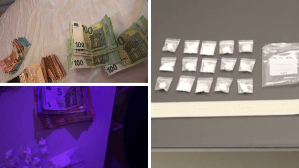 Kuvassa epäiltyjen puhelimesta löydetyt kuvat seteleistä ja huumeista sekä poliisin takavarikoimat pussit, joissa on noin 84 grammaa kokaiinia.